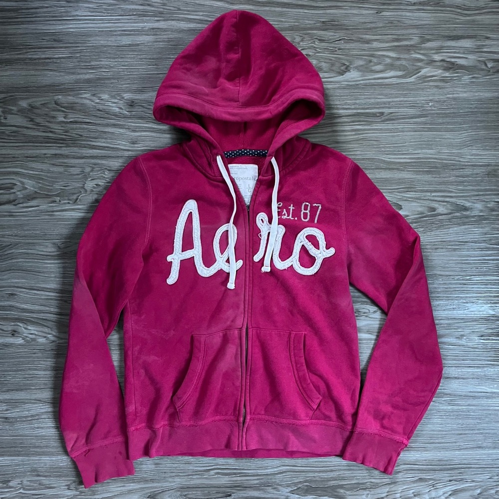 Y2K Aeropostale Womens Full Zip Hoodie Pink Y2K Chenille Logo Sweatshirt Large